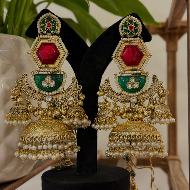 Ruby Green Crescent Jumkha With Kanauti Kashmiri Earrings
