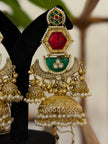 Ruby Green Crescent Jumkha With Kanauti Kashmiri Earrings