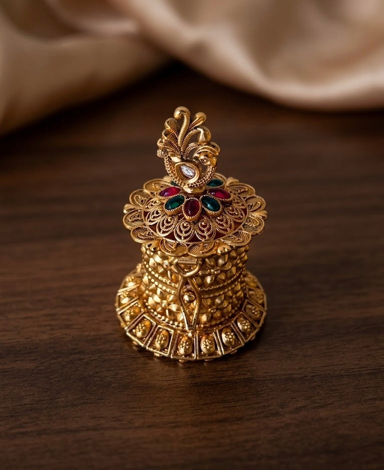 Peacock Filigree Bell Shape Kemp Stone Cylinder Kumkum Box