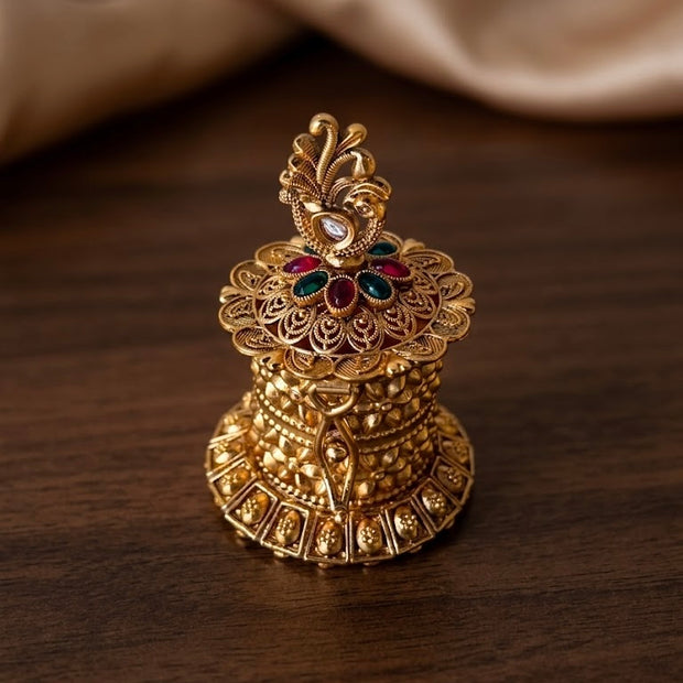 Peacock Filigree Bell Shape Kemp Stone Cylinder Kumkum Box