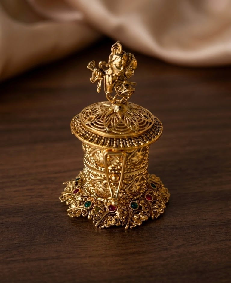 Flute Krishna Nakshi Floral Cylinder Kumkum Box