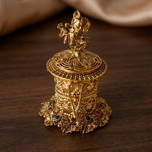 Flute Krishna Nakshi Floral Cylinder Kumkum Box