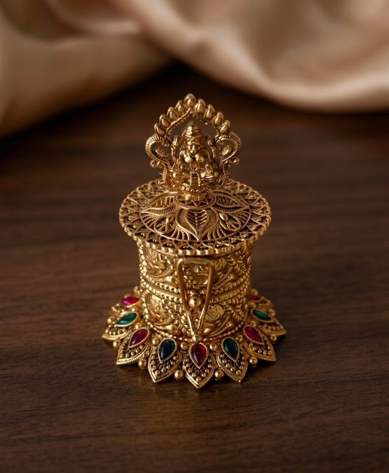 Lakshmi Filigree Kemp Stone Lotus Base Cylinder Kumkum Box