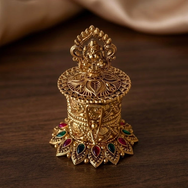 Lakshmi Filigree Kemp Stone Lotus Base Cylinder Kumkum Box