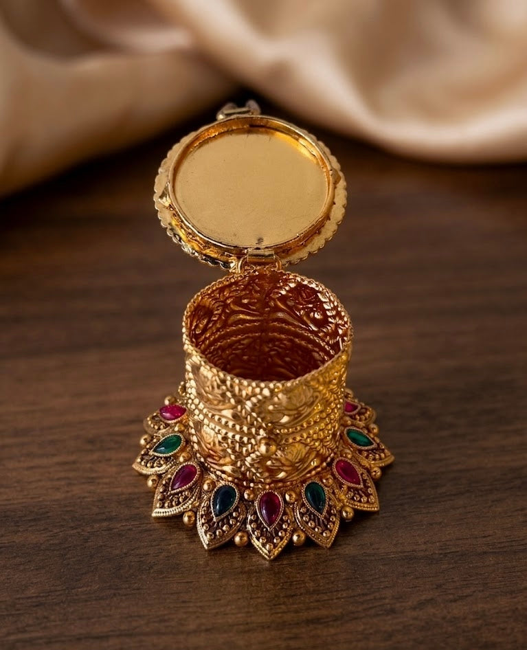 Lakshmi Filigree Kemp Stone Lotus Base Cylinder Kumkum Box