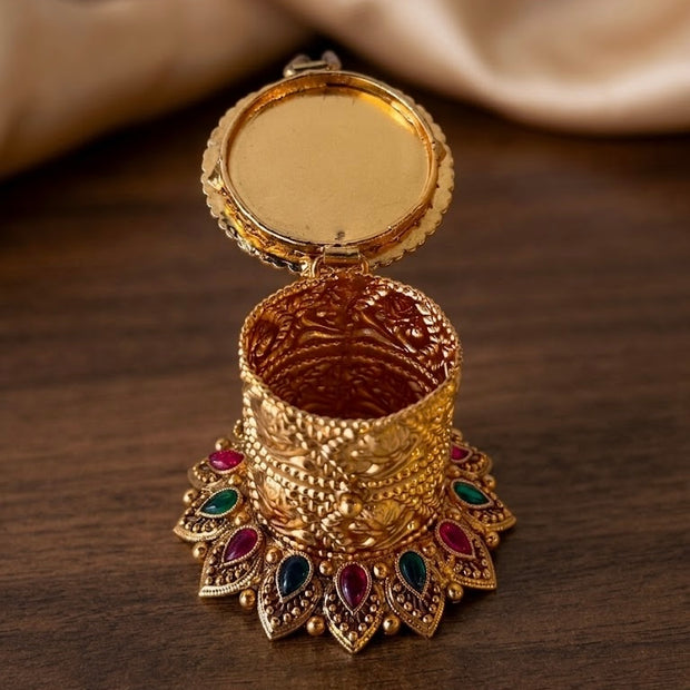 Lakshmi Filigree Kemp Stone Lotus Base Cylinder Kumkum Box