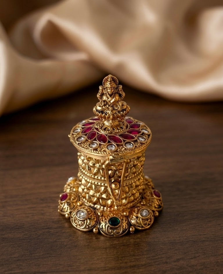 Lakshmi Carved Multi Kemp Stone Cylinder Kumkum Box