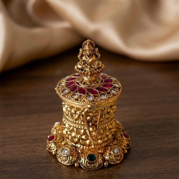 Lakshmi Carved Multi Kemp Stone Cylinder Kumkum Box
