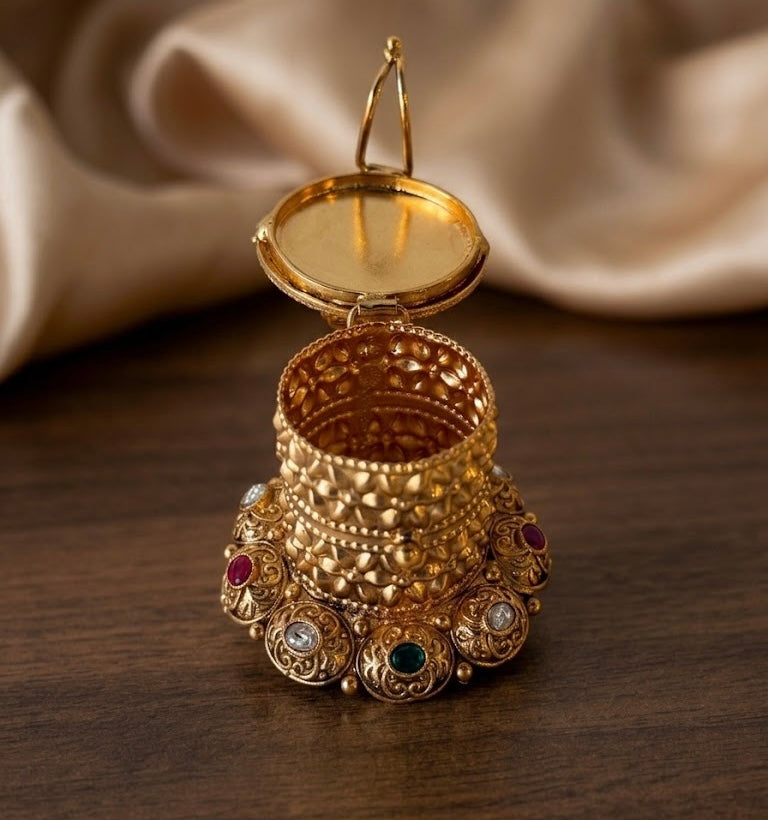 Lakshmi Carved Multi Kemp Stone Cylinder Kumkum Box