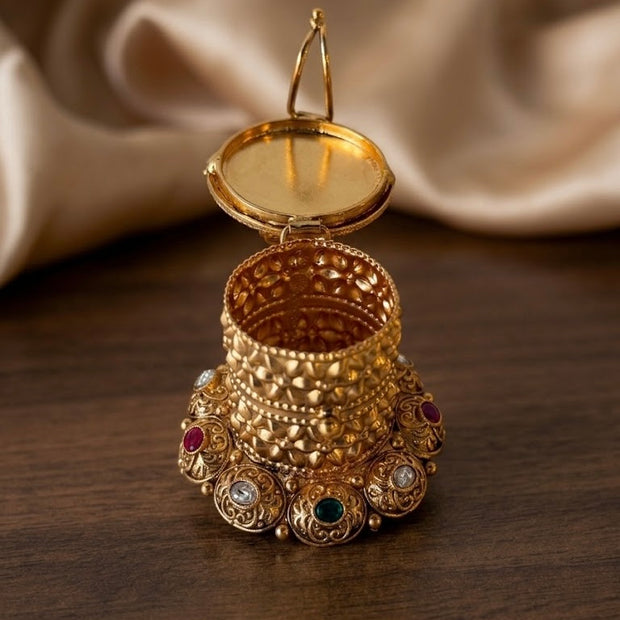 Lakshmi Carved Multi Kemp Stone Cylinder Kumkum Box