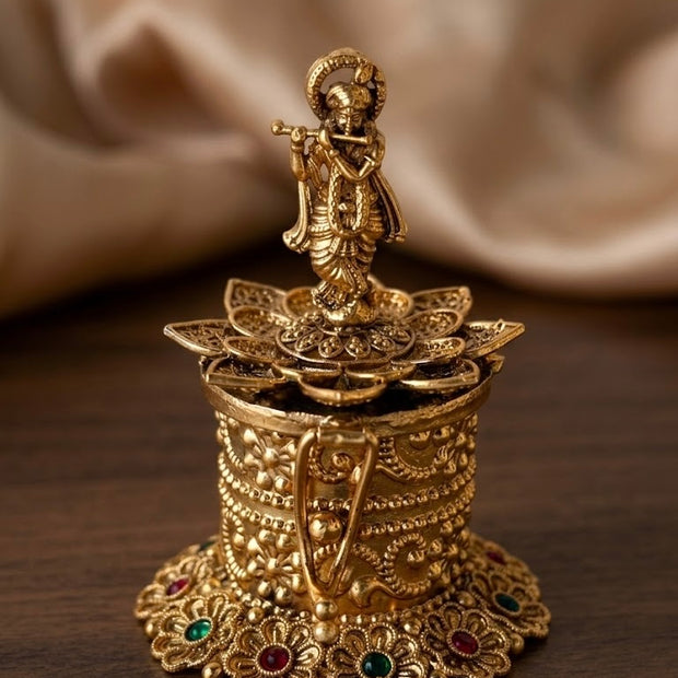 Krishna Flute On Lotus Lid Filigree Floral Cylinder Kumkum Box