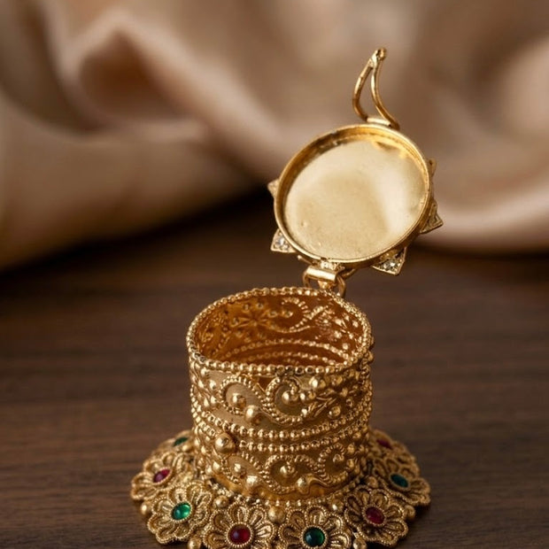 Krishna Flute On Lotus Lid Filigree Floral Cylinder Kumkum Box