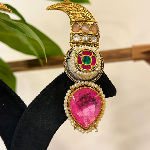 Gold & Silver Pink Stone Kashmiri Earrings