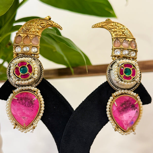 Gold & Silver Pink Stone Kashmiri Earrings