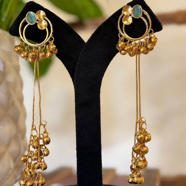 Antique Gold Hoop Multi Color Stone Ghungroo Chain Dangle Earrings