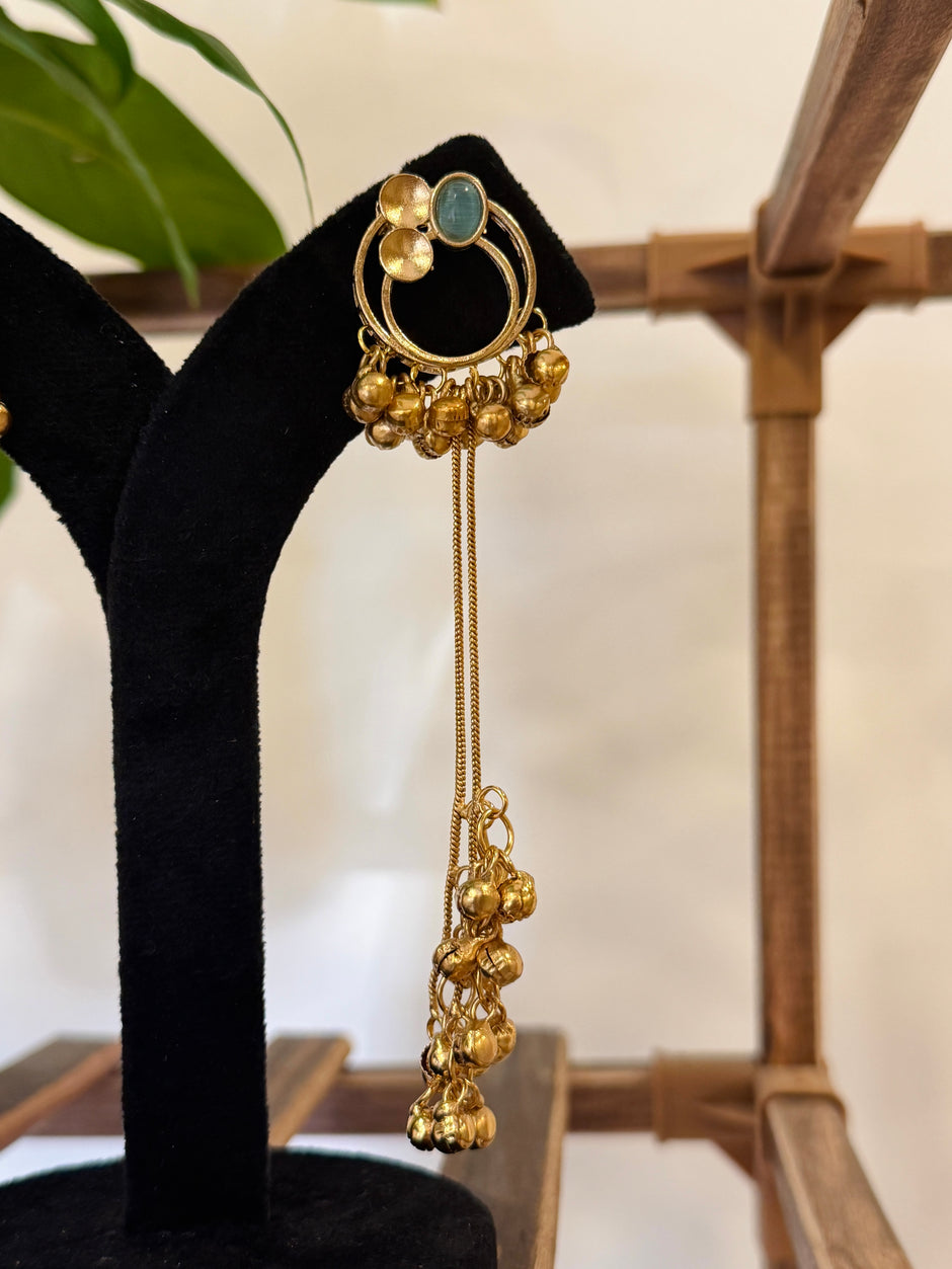 Antique Gold Hoop Multi Color Stone Ghungroo Chain Dangle Earrings