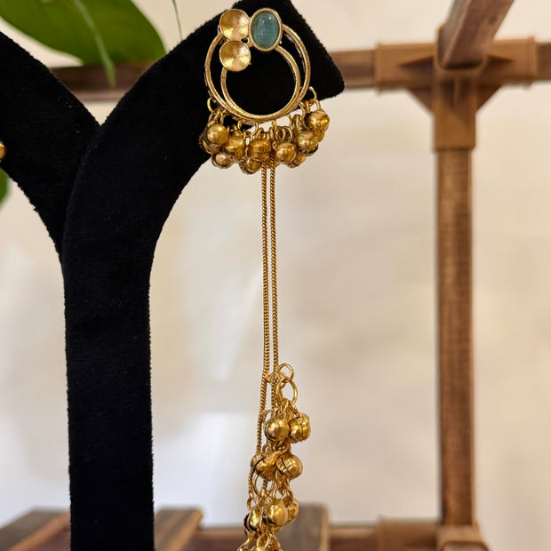 Antique Gold Hoop Multi Color Stone Ghungroo Chain Dangle Earrings