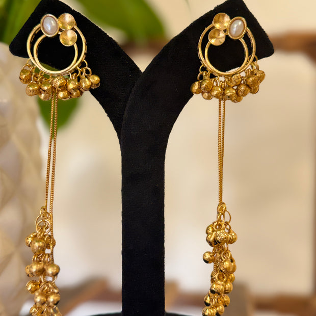 Antique Gold Hoop Multi Color Stone Ghungroo Chain Dangle Earrings
