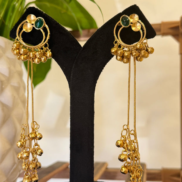 Antique Gold Hoop Multi Color Stone Ghungroo Chain Dangle Earrings