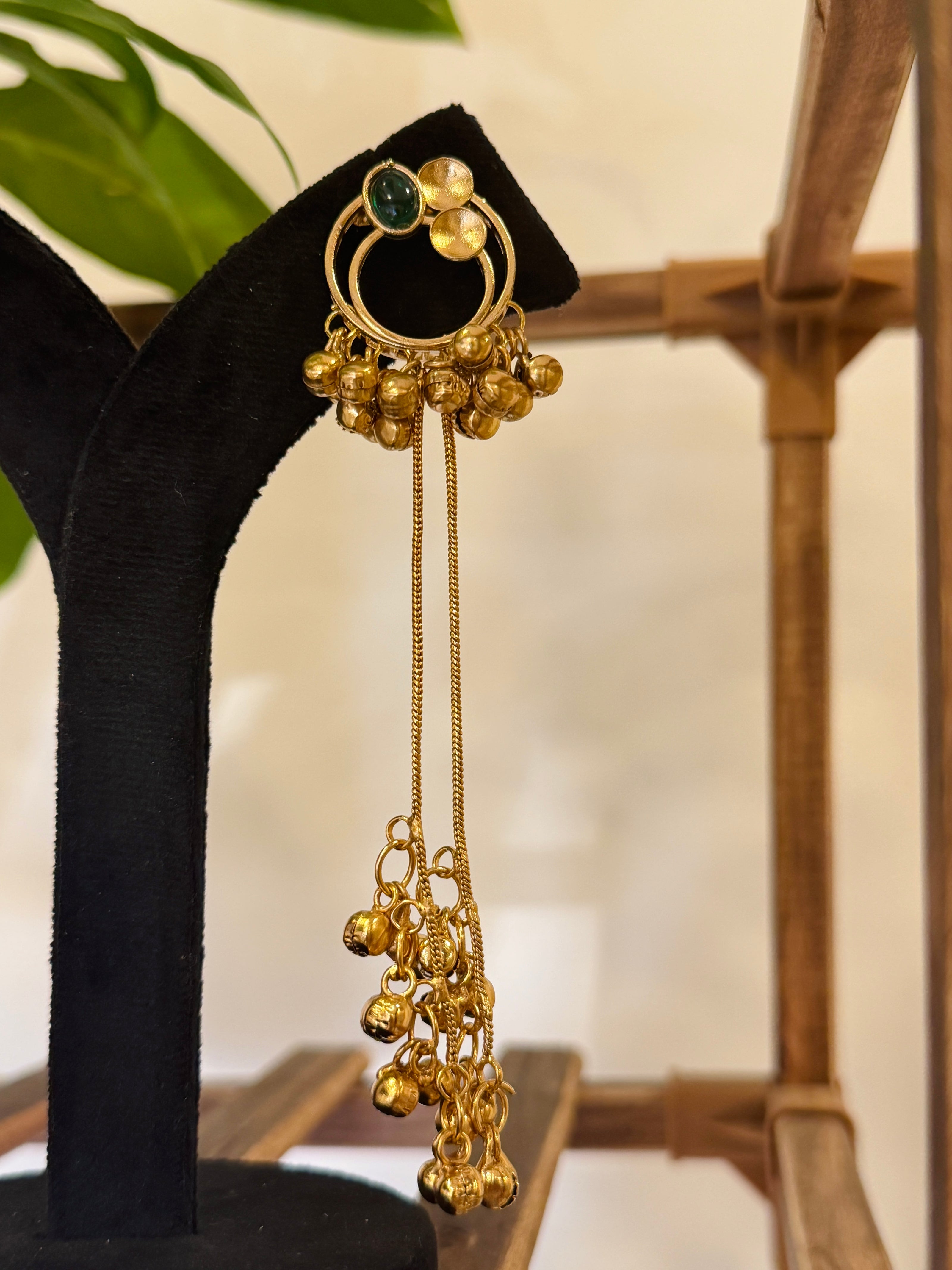 Antique Gold Hoop Multi Color Stone Ghungroo Chain Dangle Earrings