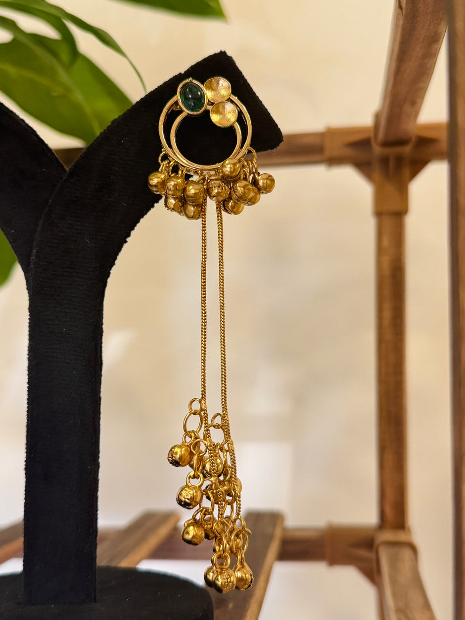 Antique Gold Hoop Multi Color Stone Ghungroo Chain Dangle Earrings