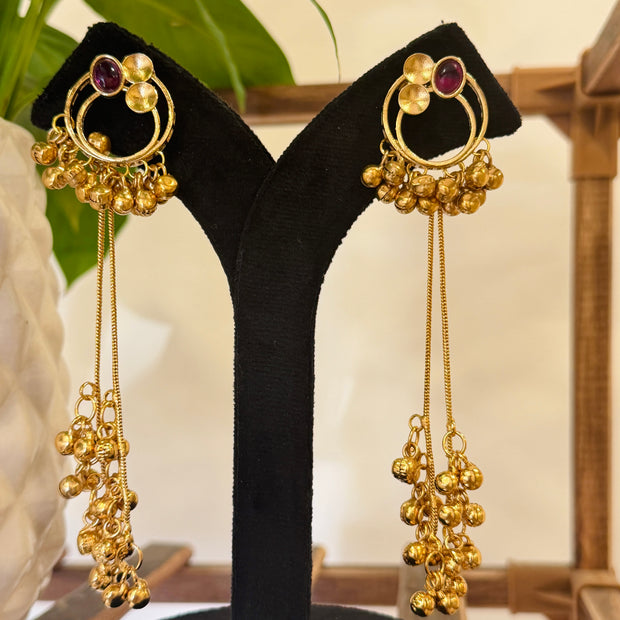 Antique Gold Hoop Multi Color Stone Ghungroo Chain Dangle Earrings