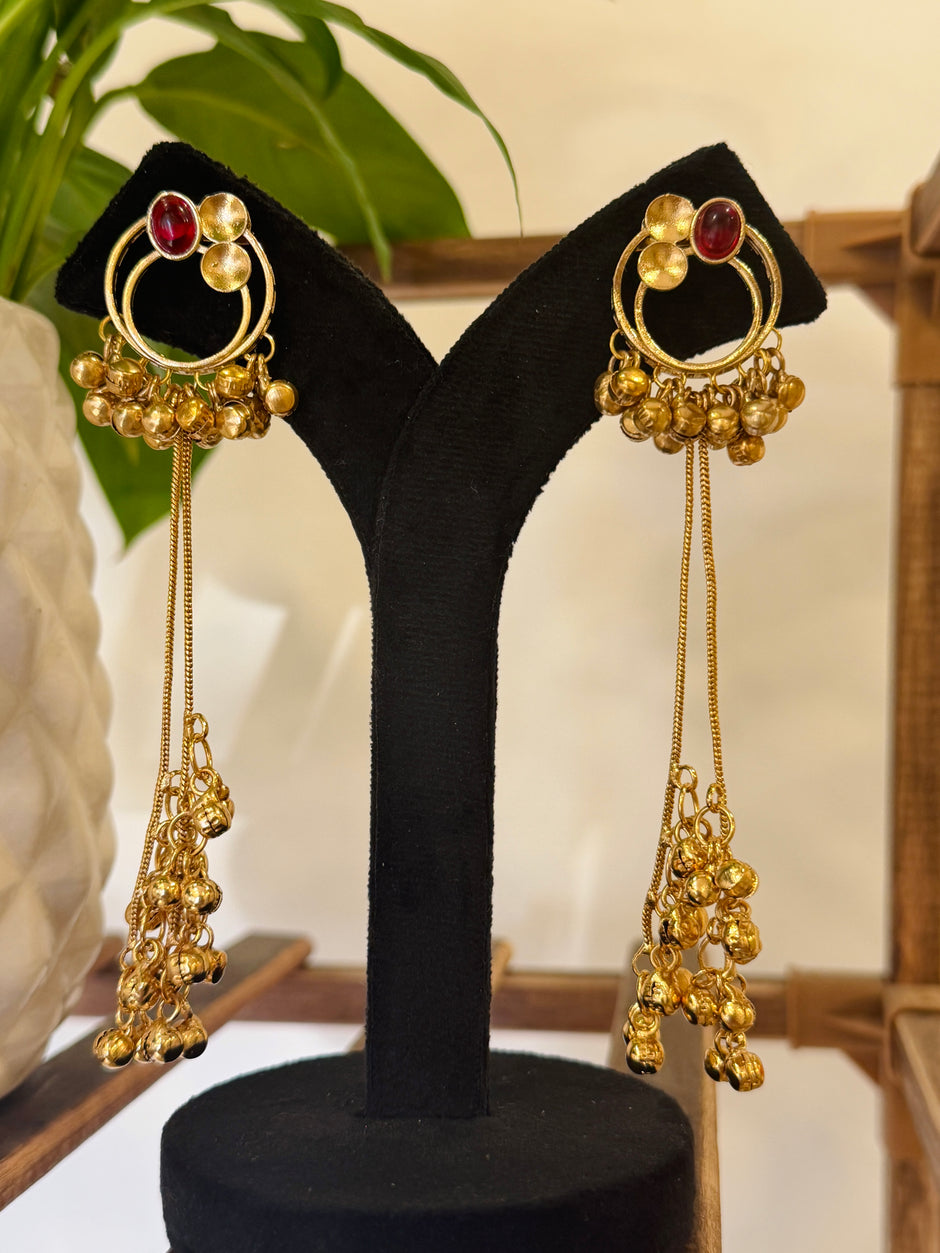 Antique Gold Hoop Multi Color Stone Ghungroo Chain Dangle Earrings