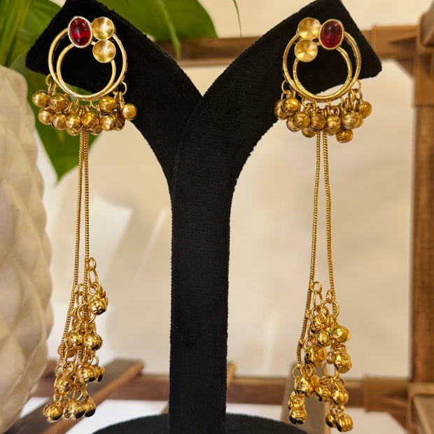 Antique Gold Hoop Multi Color Stone Ghungroo Chain Dangle Earrings