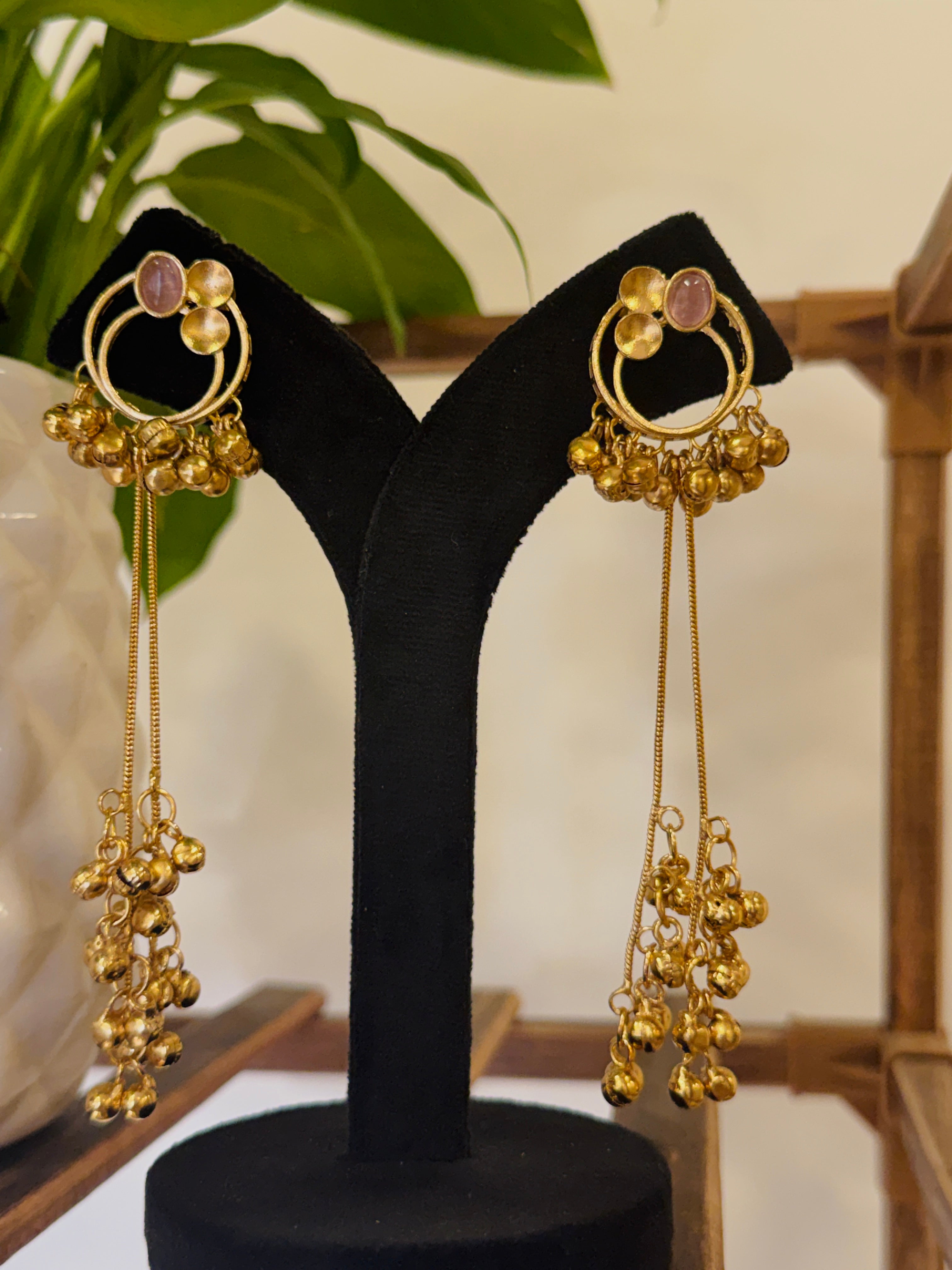Antique Gold Hoop Multi Color Stone Ghungroo Chain Dangle Earrings