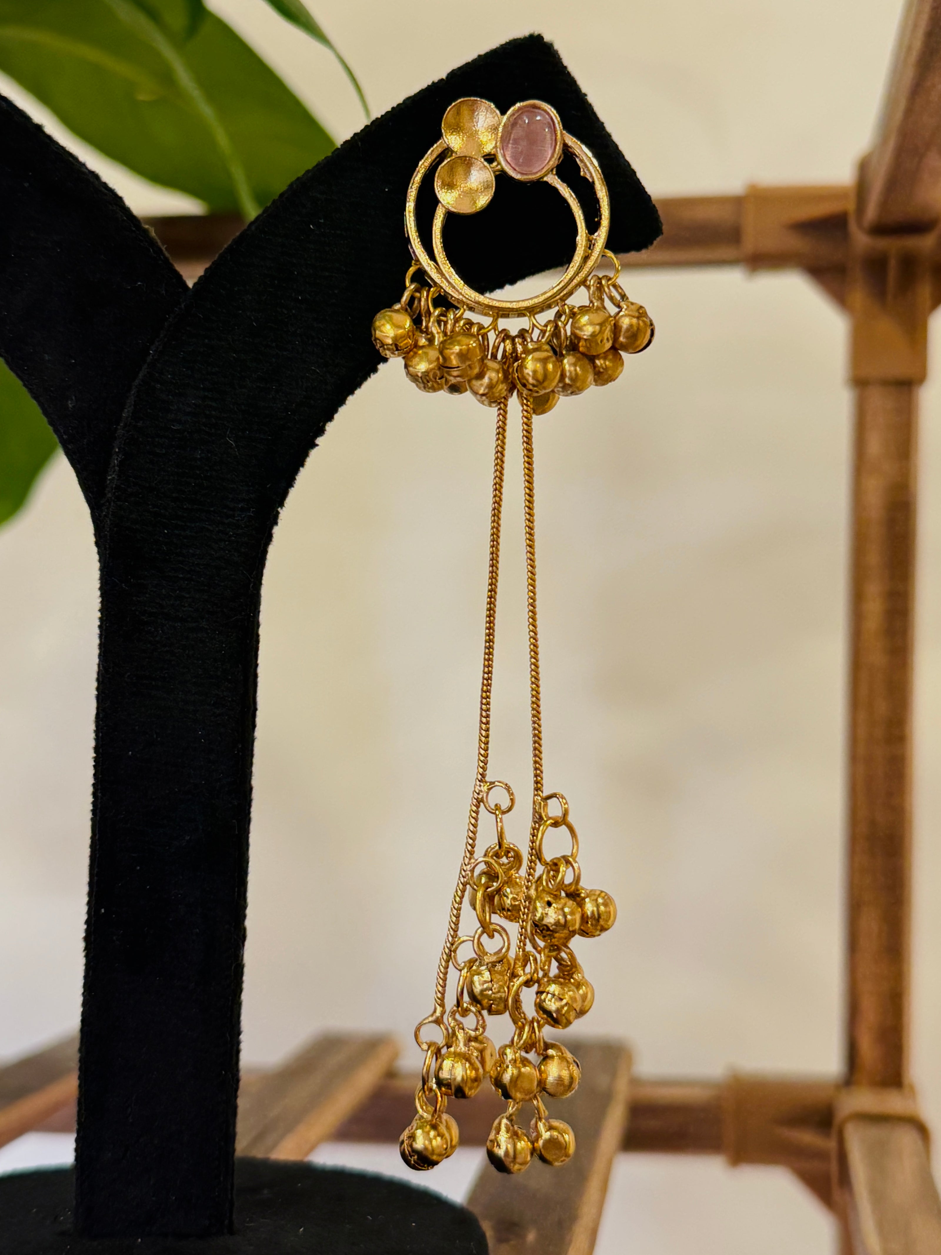 Antique Gold Hoop Multi Color Stone Ghungroo Chain Dangle Earrings