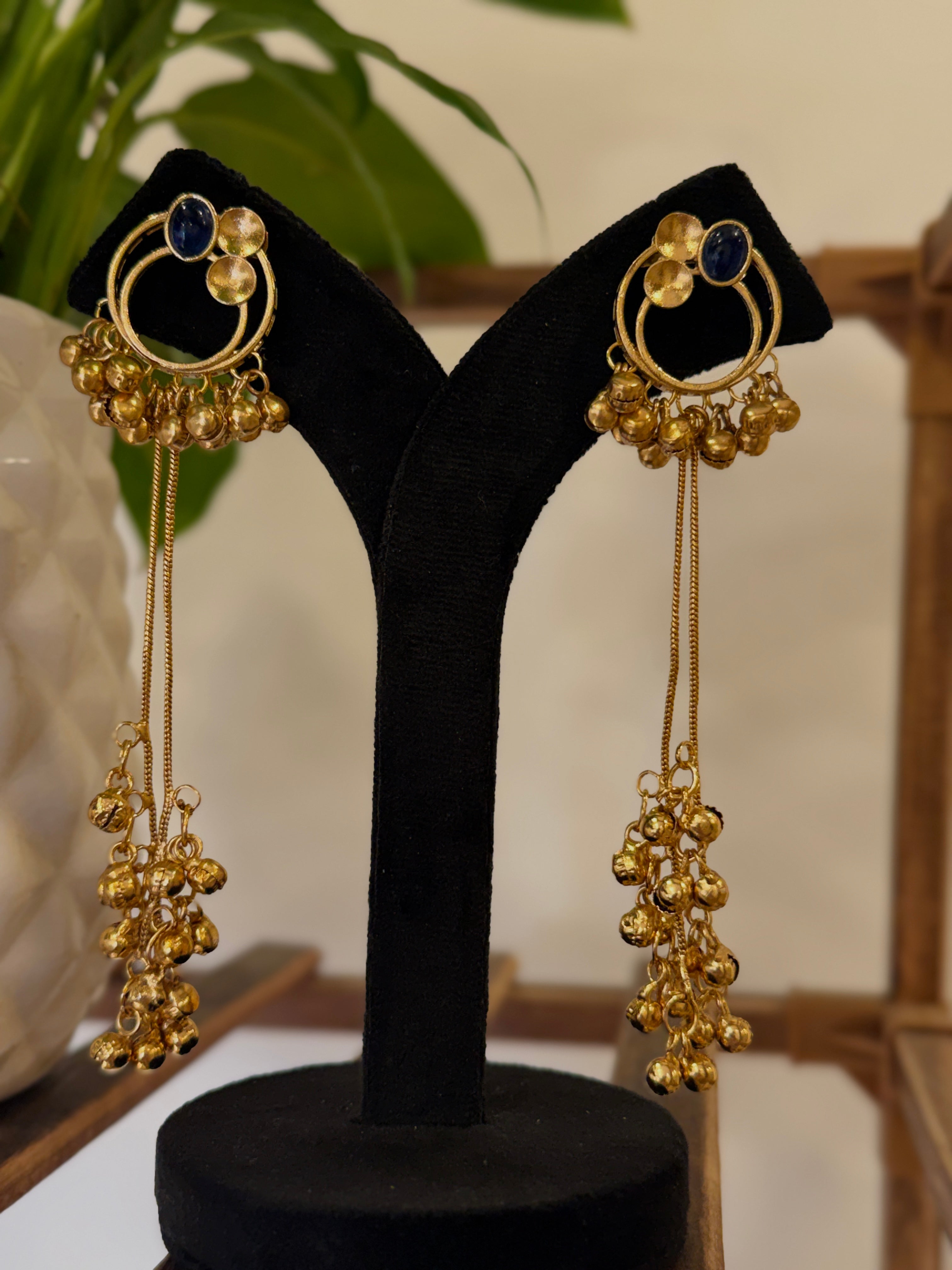 Antique Gold Hoop Multi Color Stone Ghungroo Chain Dangle Earrings