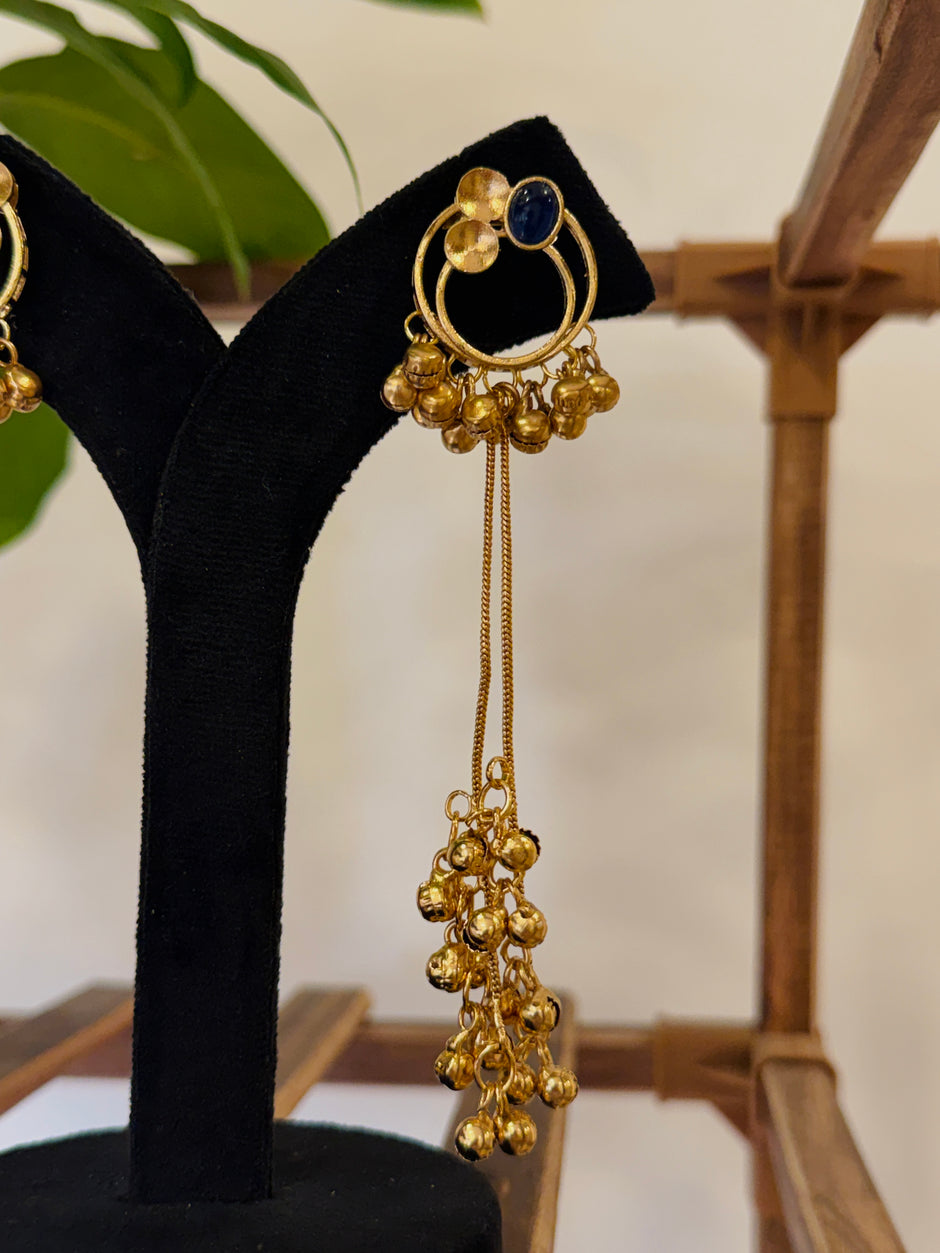 Antique Gold Hoop Multi Color Stone Ghungroo Chain Dangle Earrings
