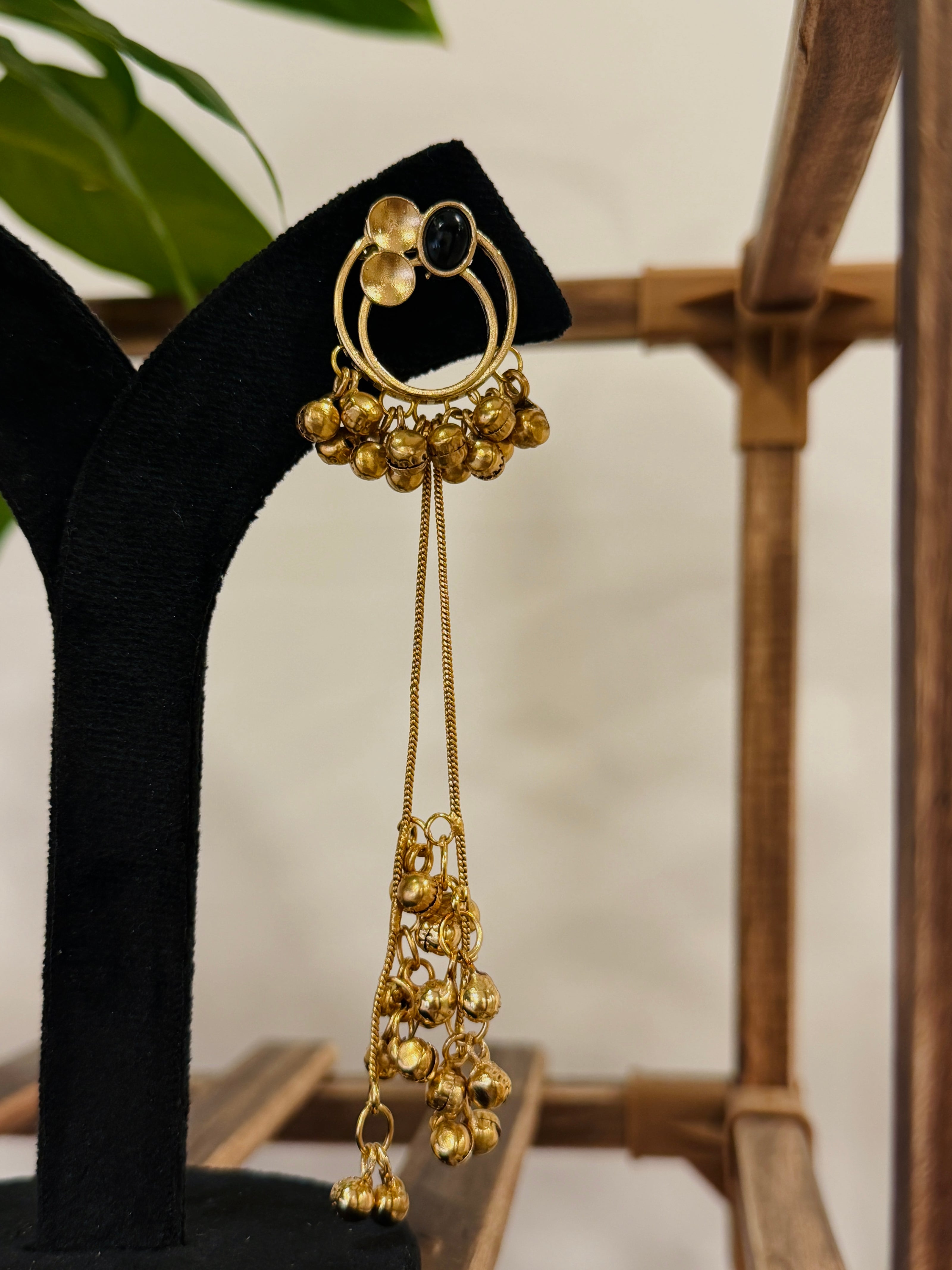 Antique Gold Hoop Multi Color Stone Ghungroo Chain Dangle Earrings