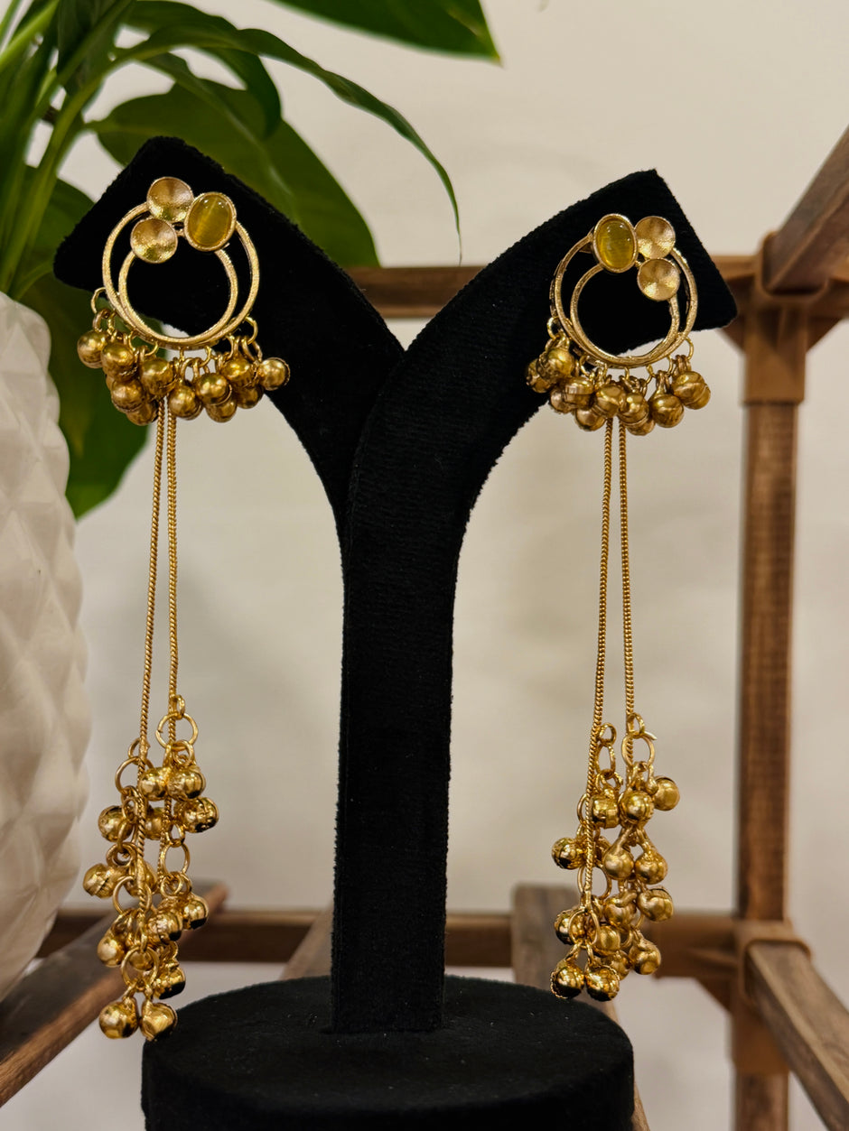 Antique Gold Hoop Multi Color Stone Ghungroo Chain Dangle Earrings