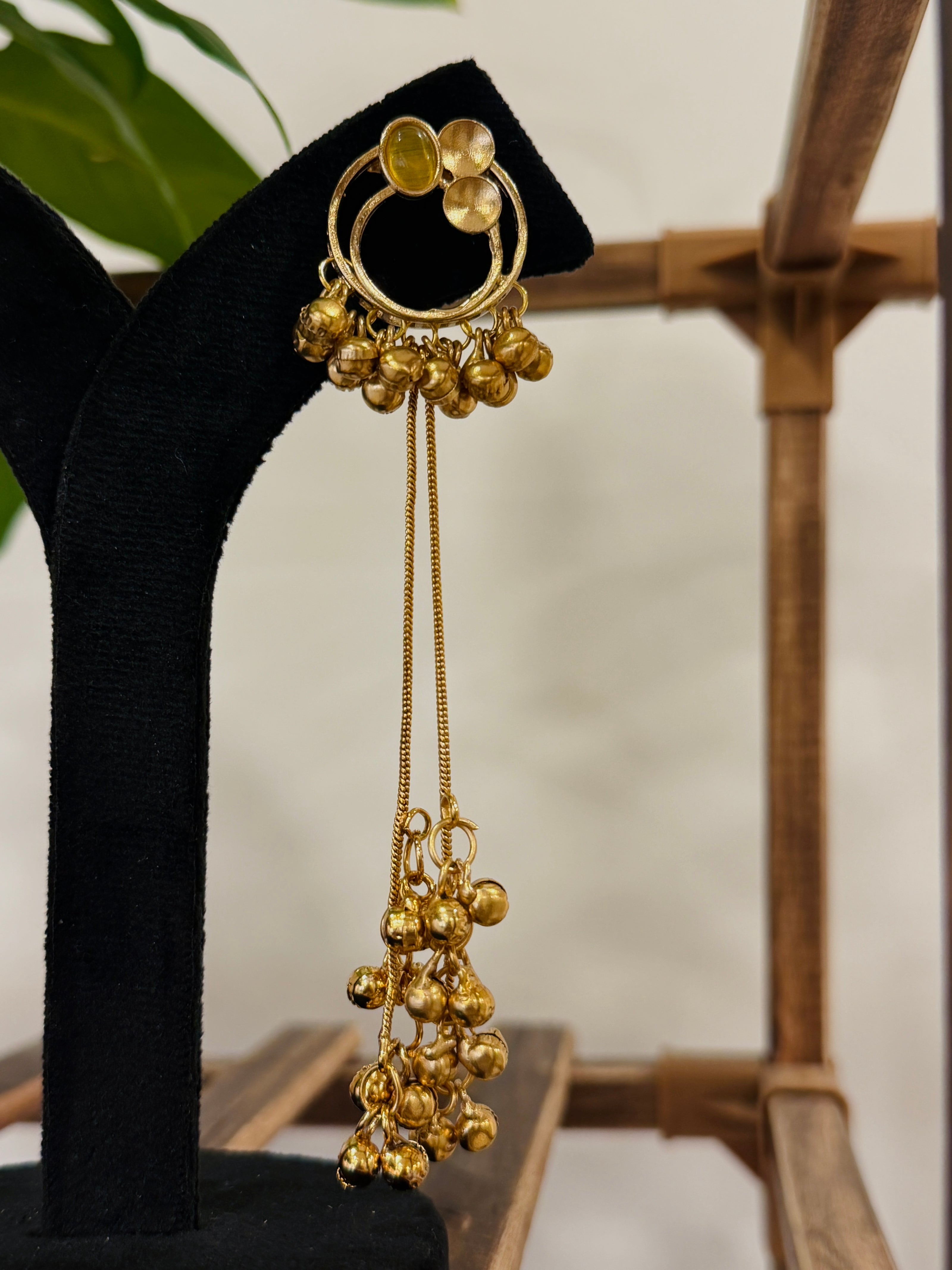 Antique Gold Hoop Multi Color Stone Ghungroo Chain Dangle Earrings
