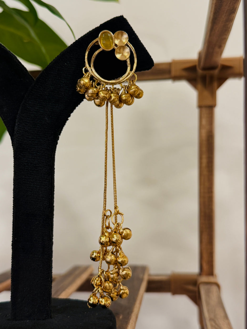 Antique Gold Hoop Multi Color Stone Ghungroo Chain Dangle Earrings