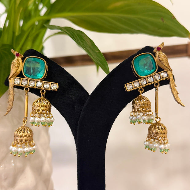 Parrot Kundan Polki Pearl Jhumka Kashmiri Earrings
