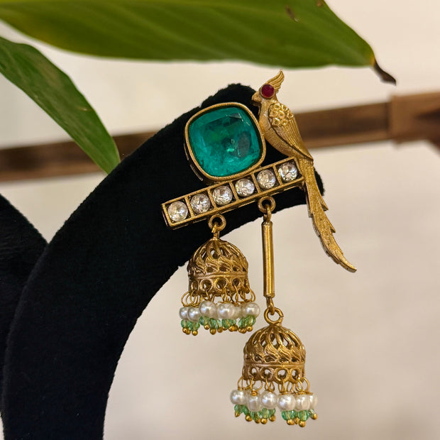 Parrot Kundan Polki Pearl Jhumka Kashmiri Earrings