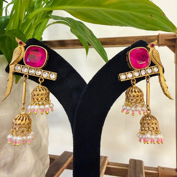 Parrot Kundan Polki Pearl Jhumka Kashmiri Earrings