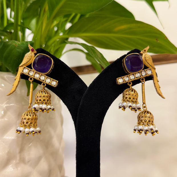 Parrot Kundan Polki Pearl Jhumka Kashmiri Earrings