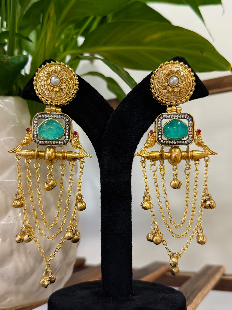 Twin Parrot Teal Stone Pearl Coin Ghungroo Chain Kashmiri Earrings
