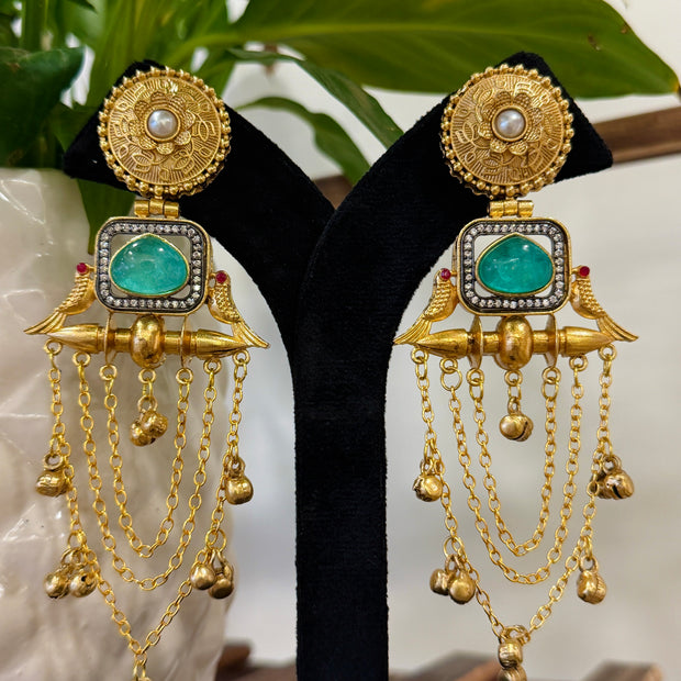Twin Parrot Teal Stone Pearl Coin Ghungroo Chain Kashmiri Earrings