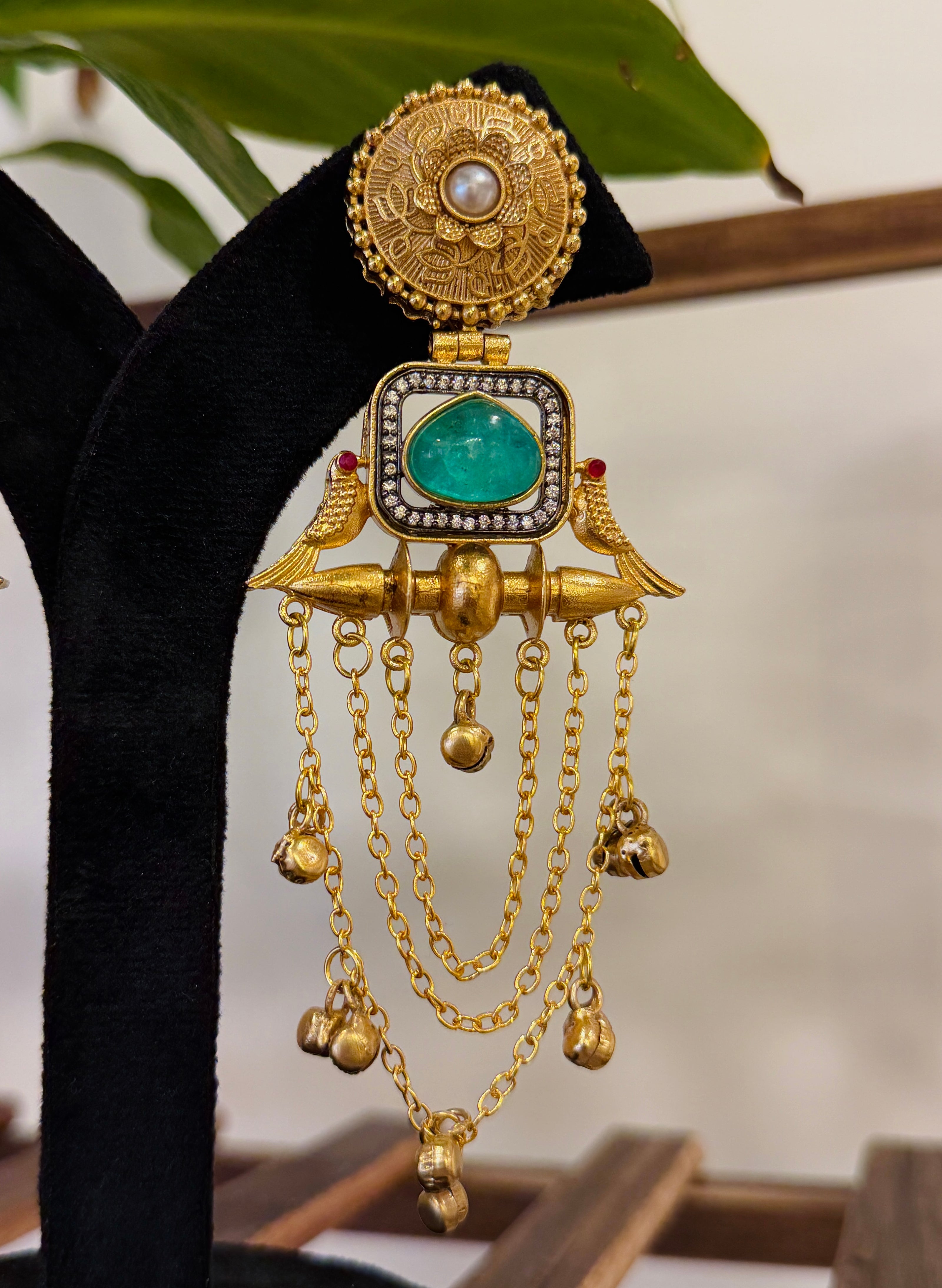 Twin Parrot Teal Stone Pearl Coin Ghungroo Chain Kashmiri Earrings
