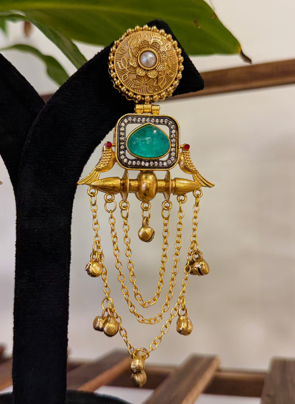 Twin Parrot Teal Stone Pearl Coin Ghungroo Chain Kashmiri Earrings