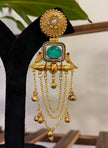 Twin Parrot Teal Stone Pearl Coin Ghungroo Chain Kashmiri Earrings