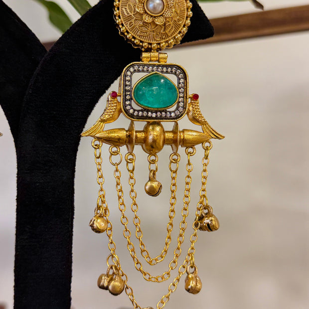 Twin Parrot Teal Stone Pearl Coin Ghungroo Chain Kashmiri Earrings