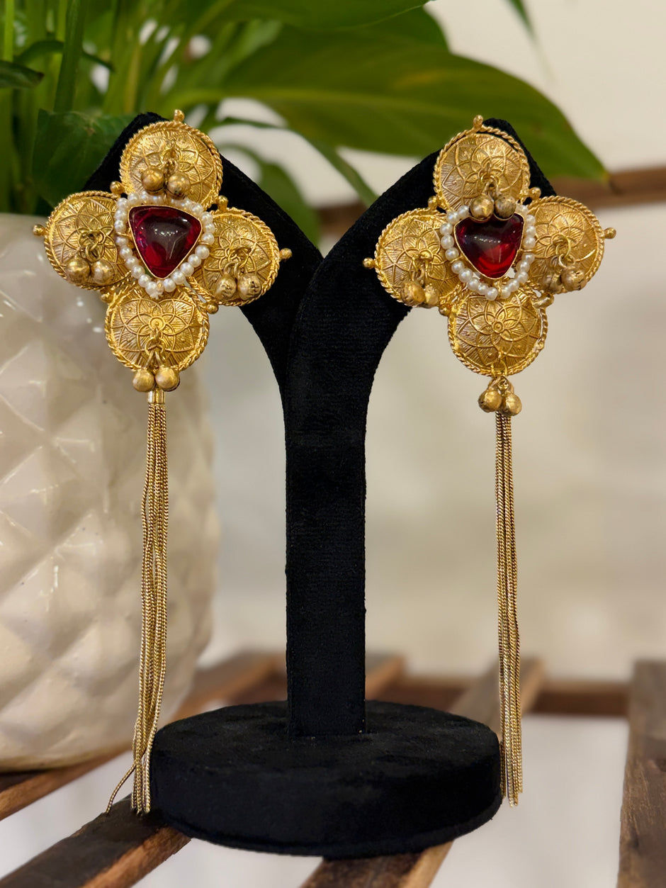 Coin Kundan Stone Pearl Chain Tassel Kashmiri Earrings