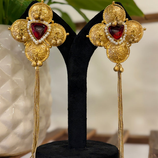 Coin Kundan Stone Pearl Chain Tassel Kashmiri Earrings