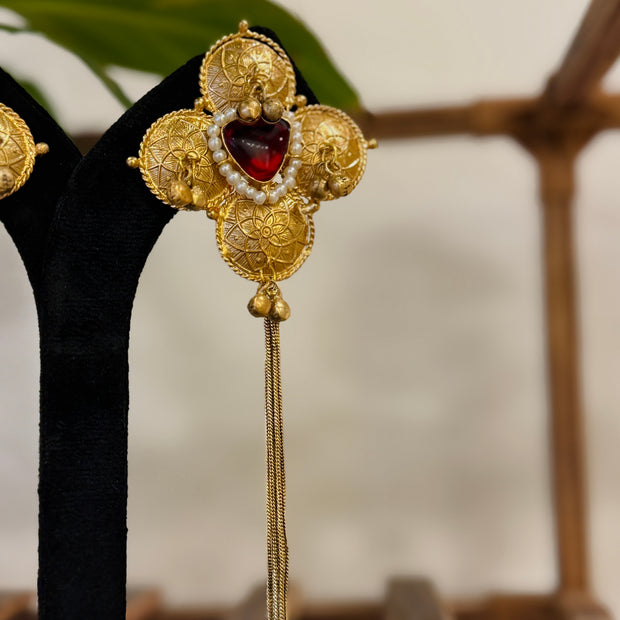 Coin Kundan Stone Pearl Chain Tassel Kashmiri Earrings