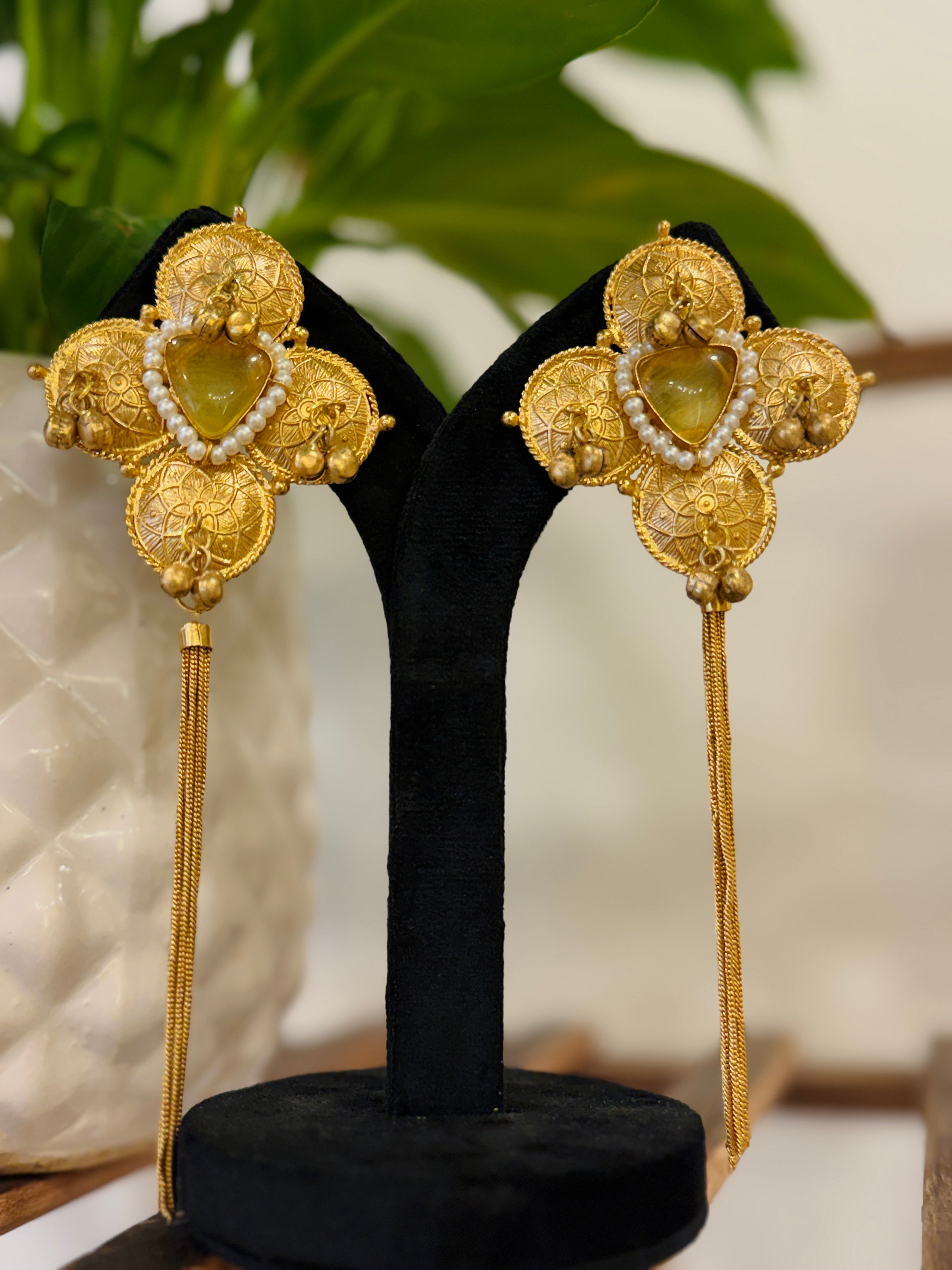 Coin Kundan Stone Pearl Chain Tassel Kashmiri Earrings